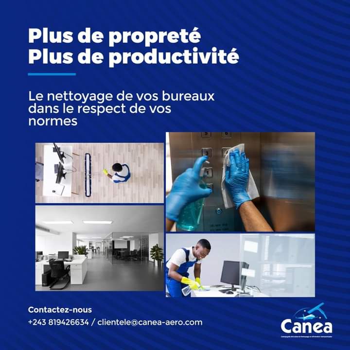 Confiez nous le nettoyage de vos bureaux afin d’offrir à votre personnel un environnement propice aux (bonnes) affaires. Nous prenons soin de tous vos meubles, installations sanitaires, cafétéria, espace coworking, salle de réunions, entrepôts... Contact : +243819644256. #CANEA
