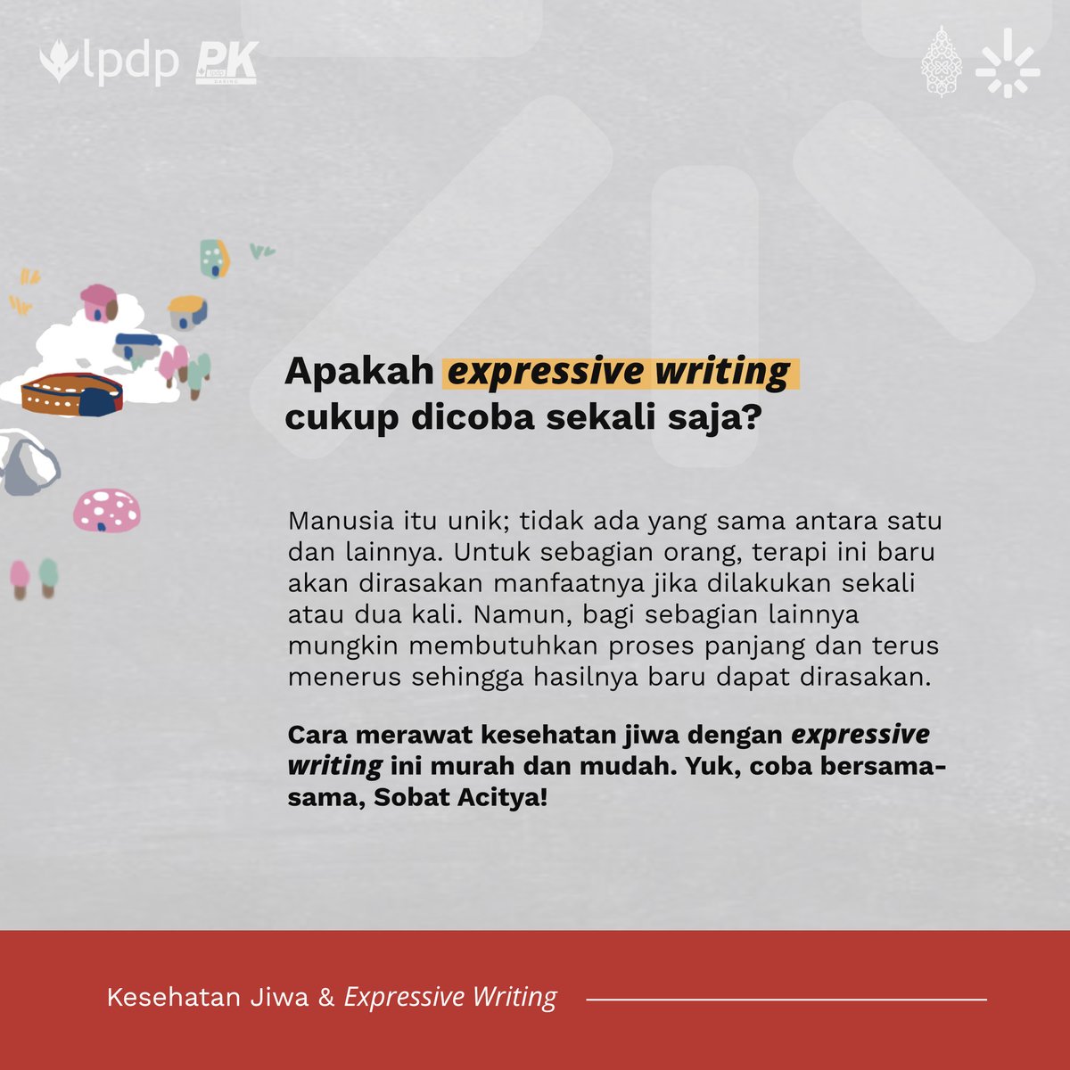 zalfannis's tweet photo. Seberapa berpengaruhnya expressive writing dalam menjaga kesehatan jiwa, dan bagaimana cara melakukannya? Simak konten di atas ya, Sobat Acitya!

@lpdp_ri
#LPDP 
#diriuntuknegeri
#SDMUnggulIndonesiaMaju 
#AkuPastiMengabdi
#PK192
#AcityaSyandana https://t.co/a4a6uHyrMS