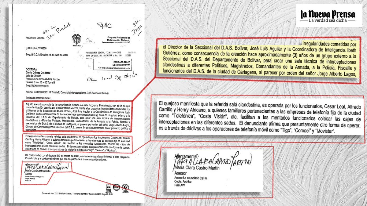 JulianFMartinez's tweet photo. Documentos que revelo en @lanuevaprensaco evidencian que @joseaguilar68 creó una sala clandestina de Interceptaciones ilegales en Cartagena para perseguir políticos, magistrados, comandantes de la Armada, miembros de la Policía, Fiscalía y el mismo DAS https://t.co/hxVVpyLu9z https://t.co/j4jeDPsOBh