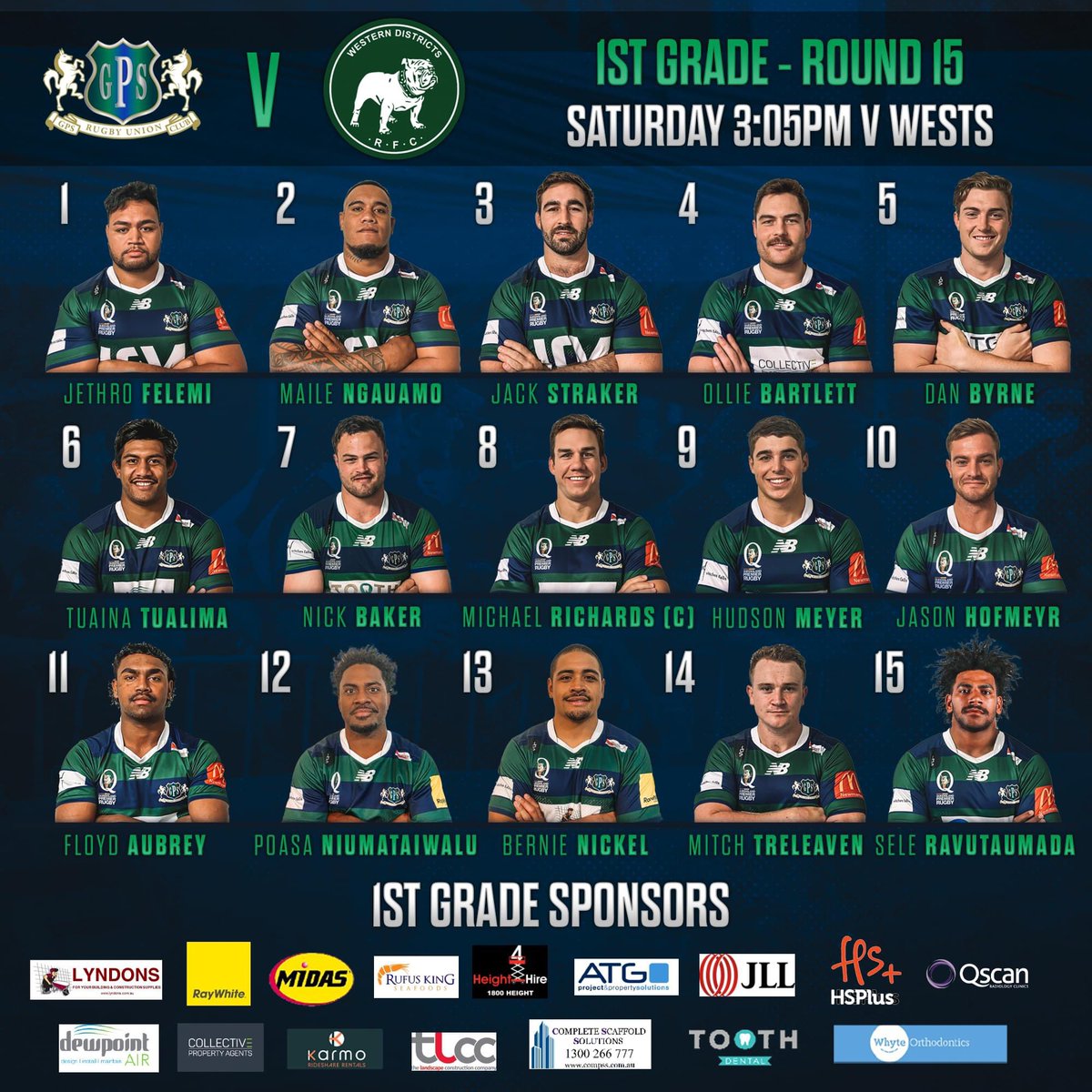1st GRADE TEAM NEWS vs WESTS

💙 Hofmeyr and Treleaven are back from injury
🐎 Wests are sitting 1st on the ladder and we are in 4th. Get down to Yoku and cheer on the boys in what is bound to be a great game of rugby. 

Thanks to all our 1st VX Sponsors!

Give Em Heaps 🤝