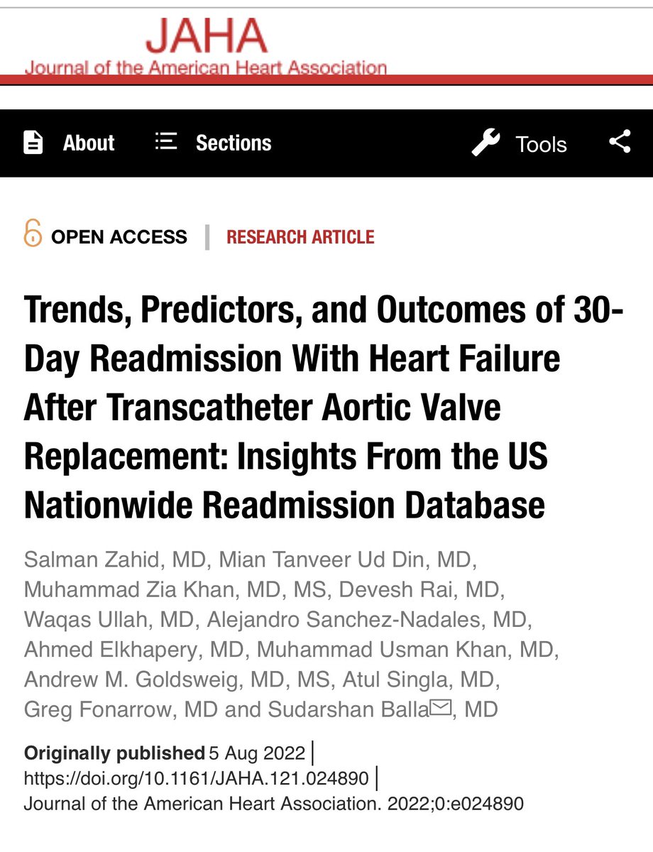 Pleased to share our new study just out in <a href="/JAHA_AHA/">JAHA</a> under the mentorship of Dr. Balla <a href="/sudarshanballa/">Sudarshan Balla</a>  on 30-day readmissions for heart failure after TAVR.   ahajournals.org/doi/10.1161/JA…