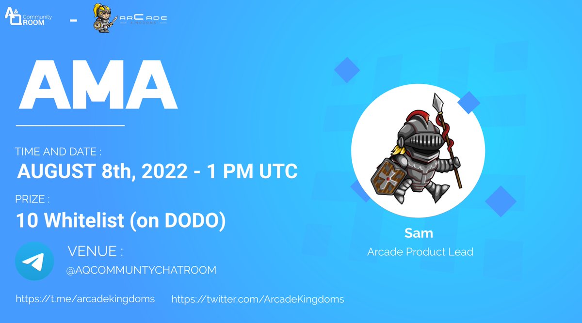 🔔AMA SERIES With Arcade

🏢Venue : t.me/AQCommunityCha…
📅Date : On August 8th
⏱Time : 1 PM UTC

📜Rules:
1.Join the discord.gg/REdePTcb
2. Follow Twitter <a href="/ArcadeKingdoms/">Arcade Kingdoms</a> and  <a href="/AQ_Community/">A&Q Communty | AMA + KoL + BL</a>
3. Like , Retweet , &amp; Tag 3 friends.
4. Post Questions in the comments.