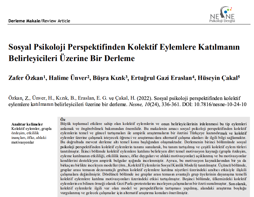 Sosyal psikolojide kolektif eylem nedir, neden kolektif eylemlere katılırız, TR'de ve dünyada örnekleri nelerdir gibi soruların cevaplarını verdiğimiz <a href="/zaferozkan55/">Zafer Özkan</a> önderliğinde, <a href="/KeeleInterpol/">InteR-Pol Lab</a>'den çıkan son makalemiz <a href="/NesnePsikoloji/">Nesne Psikoloji Dergisi</a>'de yayınlandı: nesnedergisi.com/makale/pdf/164…