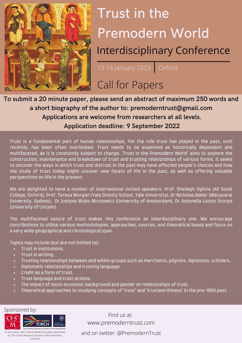 Our call for papers is out! We are very excited to hear from anyone who works on historical trust - deadline 9 September 2022. #medievaltwitter #history #earlymodern #AcademicTwitter #trust