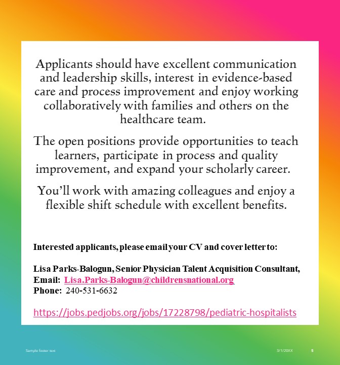 Come join us at @childrensnational  Pediatric Hospital Medicine division!  You can join the #bearphm family of #pediatrichospitalists and be a part of the #meded, #qualityimprovement, #research, #physicianadvocacy in the DMV area.    Learn more -  jobs.pedjobs.org/jobs/17228798/…