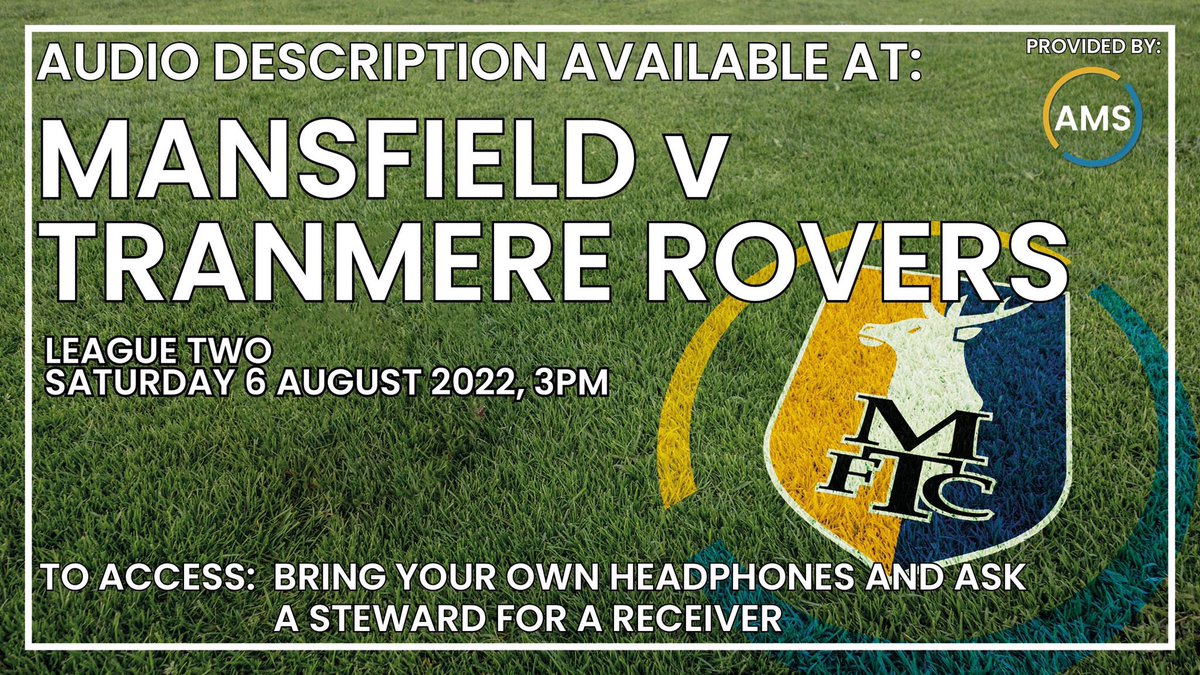 Football is 𝗕𝗔𝗖𝗞 at the One Call Stadium, and so is our AD commentary 🎙 

• Kick-off at 15:00 🕒 
• <a href="/mansfieldtownfc/">Mansfield Town FC</a> vs <a href="/TranmereRovers/">Tranmere Rovers FC</a> 🟡🔵
• 𝗙𝗥𝗘𝗘 audio description commentary ✅

RT to spread the word 👊

@MTFCSTAGSFITC <a href="/MTFCBlind/">Mansfield Town Blind FC 💛💙</a> <a href="/MTFCMusings/">Mansfield Musings</a> <a href="/MansfieldTwn/">Mansfield Town Chat</a>