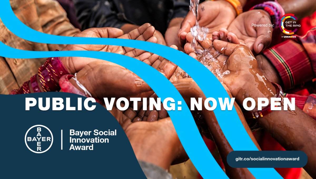 Bayer's tweet photo. Public Voting for the Bayer Social Innovation Award is now open! Support your favorite water startups by leaving your vote and help with choosing the finalists! The voting will be open for three weeks in three regions. https://t.co/IZ4Lfhbl2Z https://t.co/mTcYPqONo0
