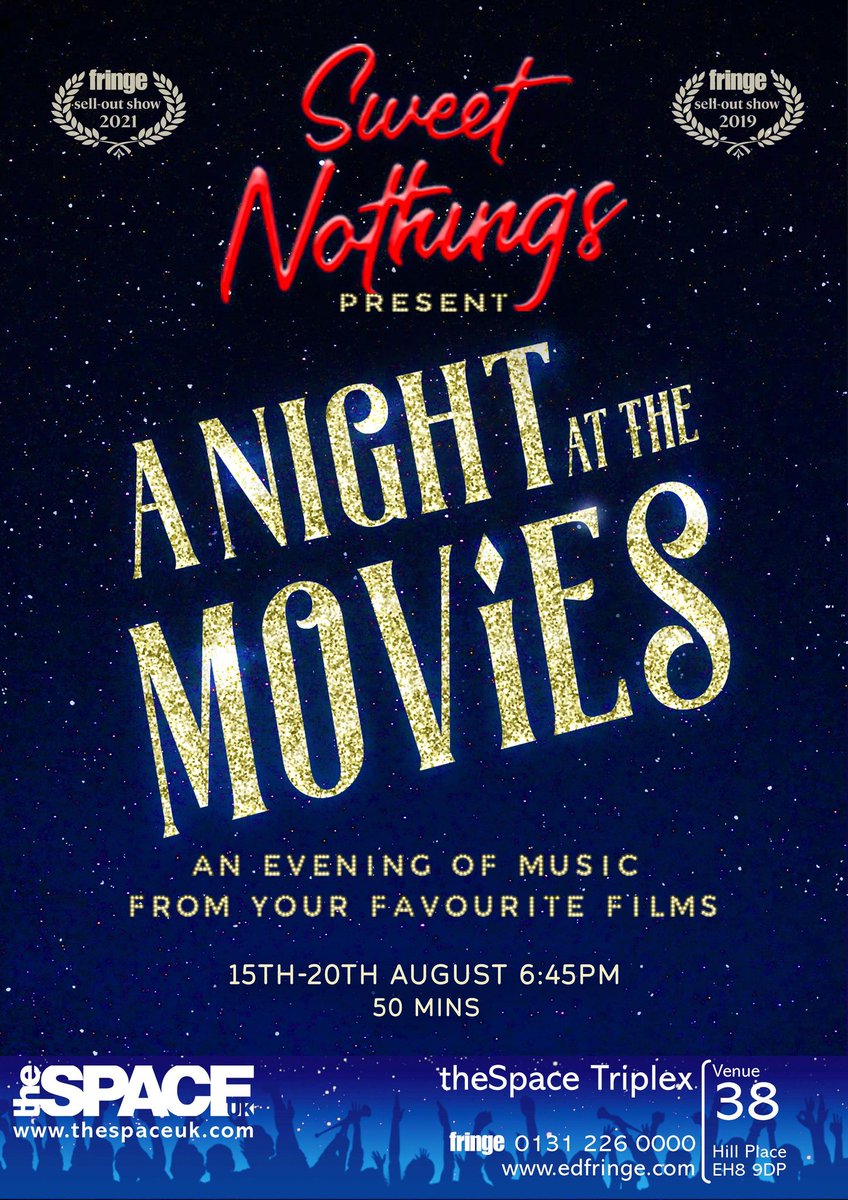The Sweet Nothings are back with another incredible Fringe show. When musical inspiration runs dry, the girls turn to the silver screen for help. Enjoy as the group explore all that film has to offer: stunning music, dynamic dancing and even a few laughs
#tweetthemedia #edfringe