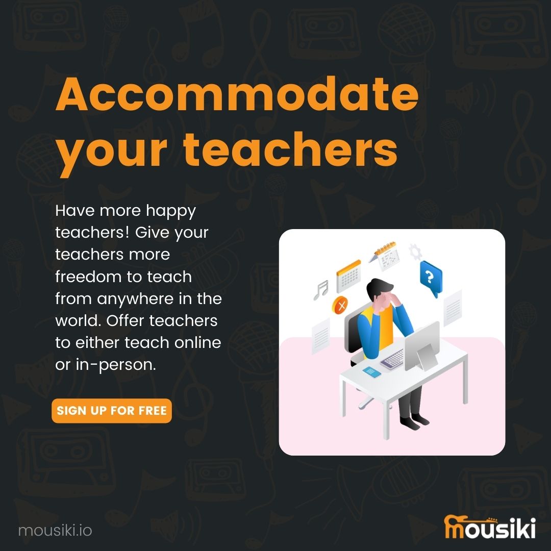 MousikiDotIO (@mousikidotio) on Twitter photo Don't let your teachers be frustrated as you customize your refund options in case of cancellations. Update teacher availability and add new teachers without difficulty.
Sign up for free - mousiki.io
#Musicschool #musicteacher Don't let your teachers be frustrated as you customize your refund options in case of cancellations. Update teacher availability and add new teachers without difficulty.
Sign up for free - mousiki.io
#Musicschool #musicteacher