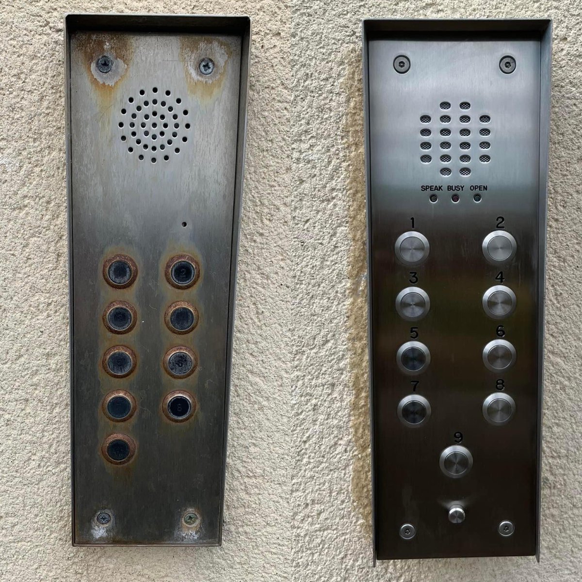 VidexSecurity's tweet photo. 🌟🌟WHAT A TRANSFORMATION🌟🌟
Out with the old, in with the new 😃 @empresssec installed this beauty, a custom sized surface vandal resistant audio panel with call progress LEDs, replacing an older &amp; outdated system &amp; just look at the result 🤩 Great job 👏🏽 #beforeandafter #entry https://t.co/wpnciZkD1y