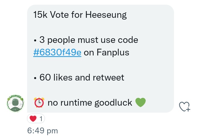 severushoon's tweet photo. 15k Vote for Heeseung
โข 3 people must use code #6830f49e on Fanplus
โข 60 likes and retweet
โฐ no runtime goodluck ๐
#ENFuelUp #ENHYPEN https://t.co/uyCJfFAc0H