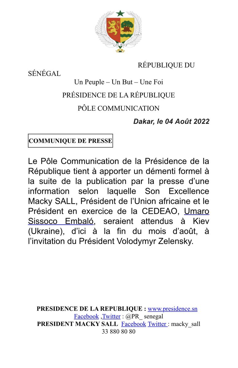 PR_Senegal's tweet image. Communiqué de presse de la Présidence de la République.