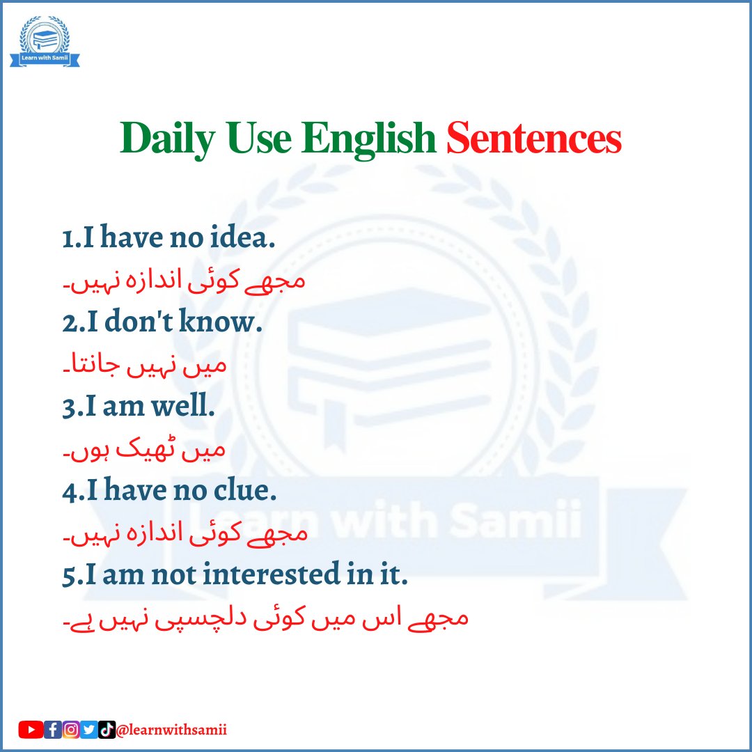 Daily Use English Sentences 

IG @learnwithsamii
FB @learnwithsamii
YT Learn With Samii
Pinterest @learnwithsamii
Twitter @learnwithsamii
TikTok @learnwithsamii 
#learnwithsamii #learnenglish #dailyuseenglishsentences