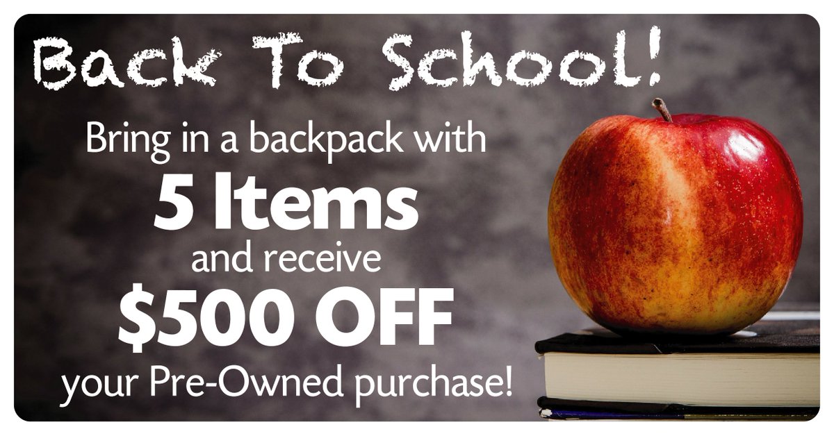It's #BackToSchool time for the kids, which means it's savings time for mom & dad! Bring in a new backpack loaded with school supplies 📒🖍✏️✂️📏 for local kids. ✔️Save $500💵💵💵💵💵 Shop the Hoselton Pre-Owned Super Center - ow.ly/4ct650KbY9e