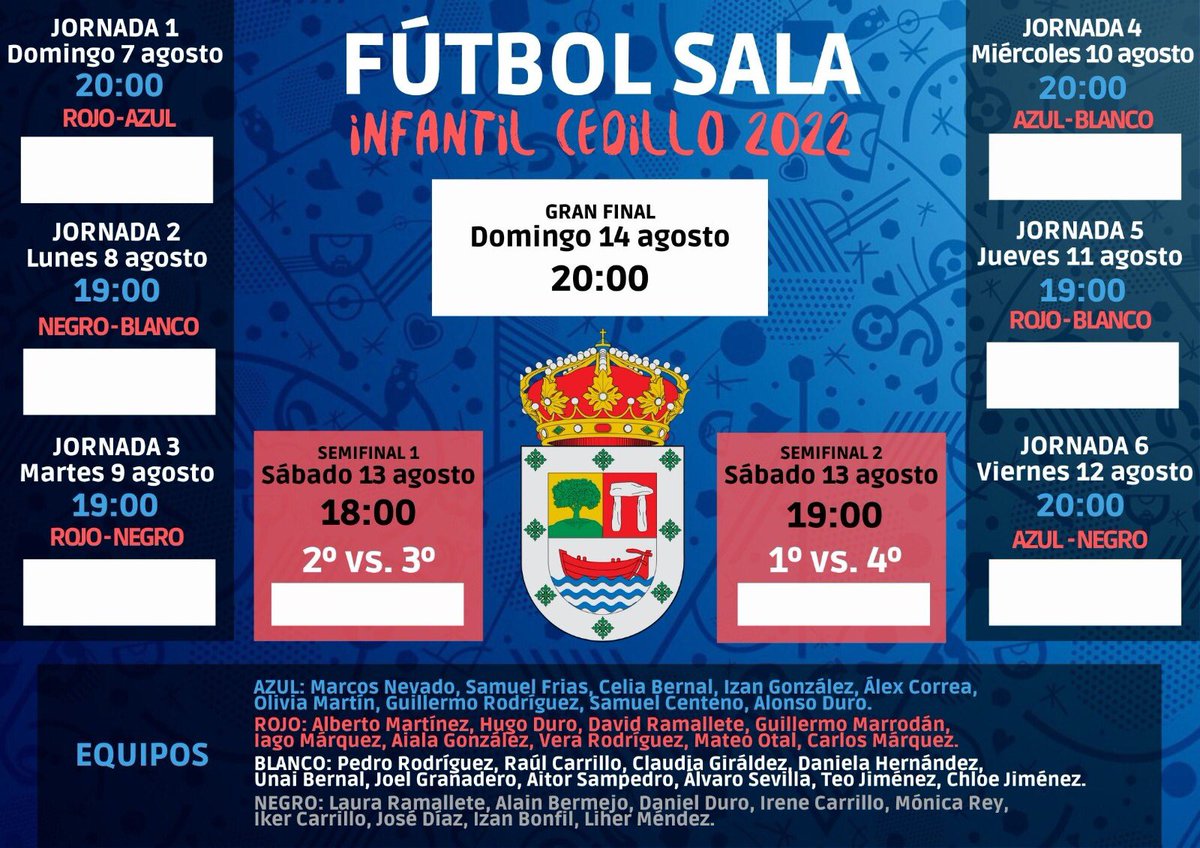 ADCedilloFutsal's tweet photo. 🔵⚪️ Había algunos errores en los carteles anteriores. Después de corregirlos, aquí tenemos, de nuevo, la cartelera ya definitiva del torneo de verano. Esto empieza, estamos muy cerquita!!!!⚽️ 
Os esperamos a todos a partir del domingo.
#campeonato
#verano https://t.co/gmQvWPCfT2