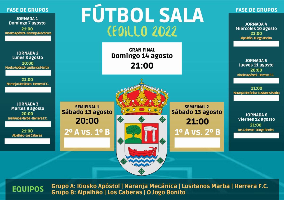 ADCedilloFutsal's tweet photo. 🔵⚪️ Había algunos errores en los carteles anteriores. Después de corregirlos, aquí tenemos, de nuevo, la cartelera ya definitiva del torneo de verano. Esto empieza, estamos muy cerquita!!!!⚽️ 
Os esperamos a todos a partir del domingo.
#campeonato
#verano https://t.co/gmQvWPCfT2