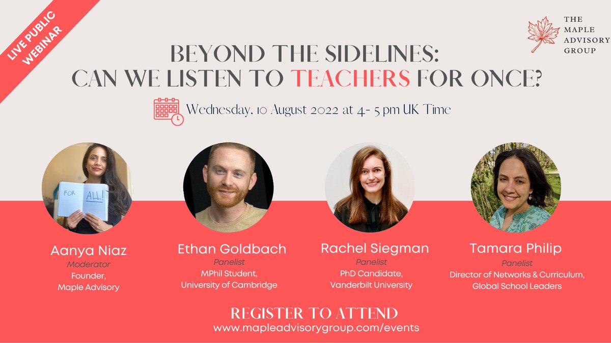 aanyafniaz's tweet photo. We speak to everyone, from policy makers, researchers, govt officials to donors *about* teacher experiences &amp; what can help *them*

What about hearing from teachers THEMSELVES? 

Join @MapleAdvisory for a teacher-led conversation next Wed, 4-5 pm UK, open to the public, globally https://t.co/KG5H8Q1v4G