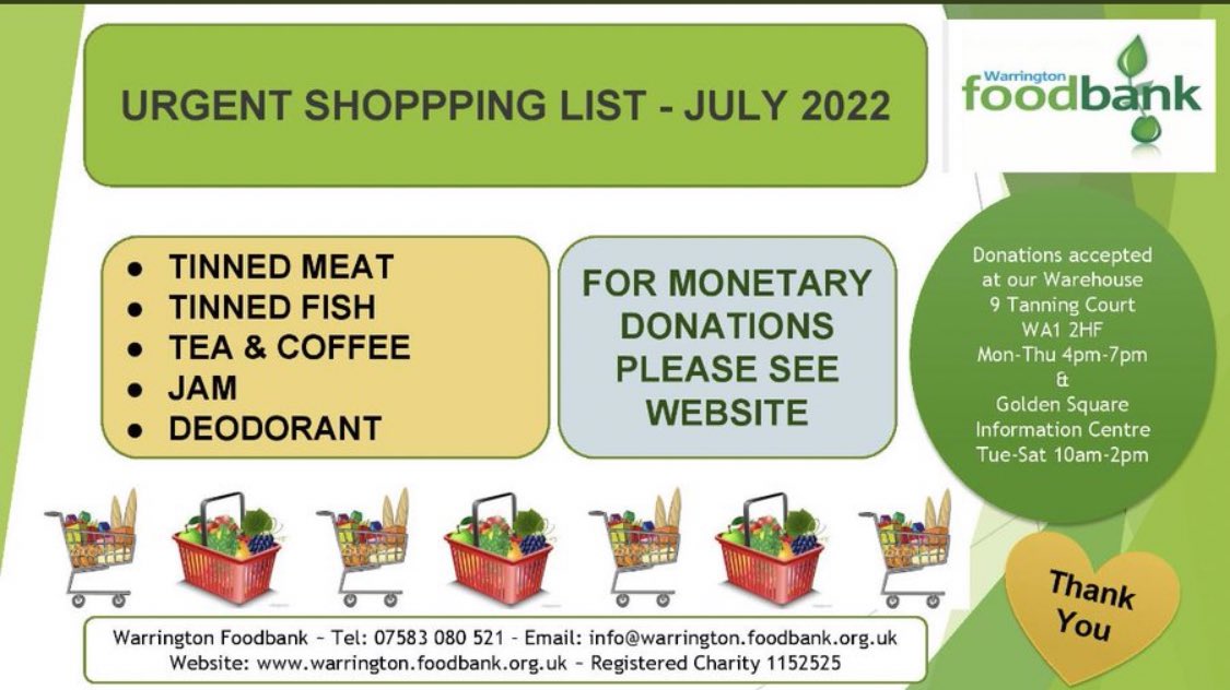 We are in urgent need of the items below...

If you can donate just one or two items, we would be extremely grateful.

#warrington #community #foodbank #support #charity #Donations #foodbankfriday #Friday