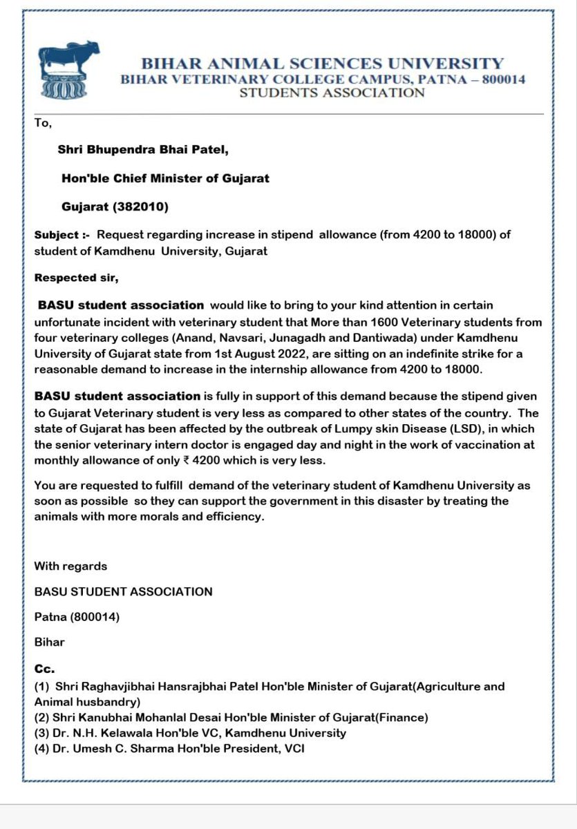 <a href="/Bhupendrapbjp/">Bhupendra Patel</a> Sir, our more than 1600 colleagues from Kamdhenu University are compelled to sit on strike since 1st august. We request you kindly fulfil their valid demands. <a href="/drsanjeevbalyan/">Dr. Sanjeev Balyan</a> <a href="/Dr_jAA8/">Veterinary Doctors Union</a>  #Guj_veterinary_students_on_strike