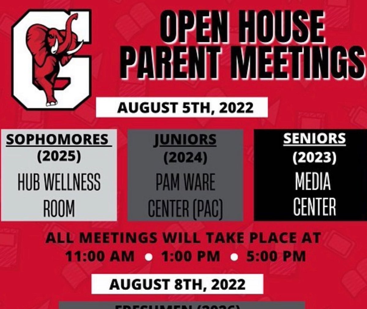 goredelephants's tweet photo. Elephants never forget, but reminders help:
๐จGAC event tonight
๐จSpirit shirts โก๏ธ https://t.co/OJyf0SNOqA
๐จOpen House at @GCSS_GHS starts today
๐จ@gainesvillefb season tickets go on sale TOMORROW โก๏ธ https://t.co/OJyf0SNOqA #gobigred #ReadytoStomp https://t.co/RsdX6YcuOX