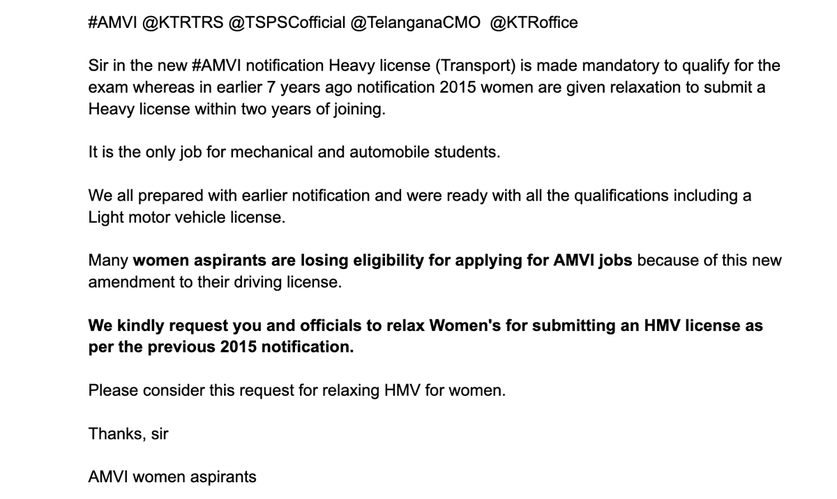 KarnatiShravani's tweet photo. #AskKTR @KTRTRS @puvvada_ajay  Please help women in AMVI jobs, many women are loosing eligibility to apply for AMVI jobs due to heavy licence. Please reply. https://t.co/meXQA96Zn5