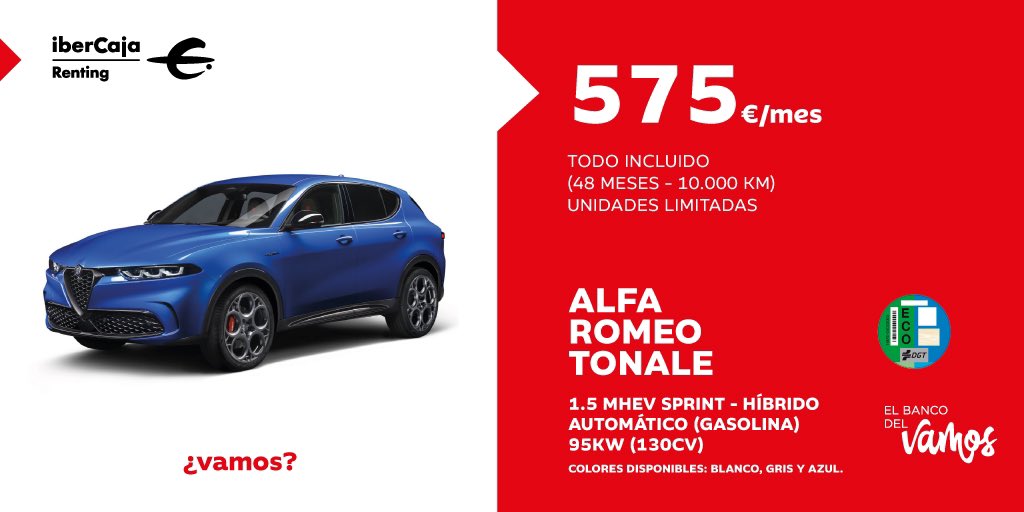 IbercajaRenting's tweet photo. 🚗 Ya puedes conseguir un renting del nuevo Alfa Romeo Tonale, híbrido y automático, por 575€/mes todo incluido. Más información y equipamiento en: https://t.co/8eK0TYKYrt https://t.co/C5ZvI4cUS8