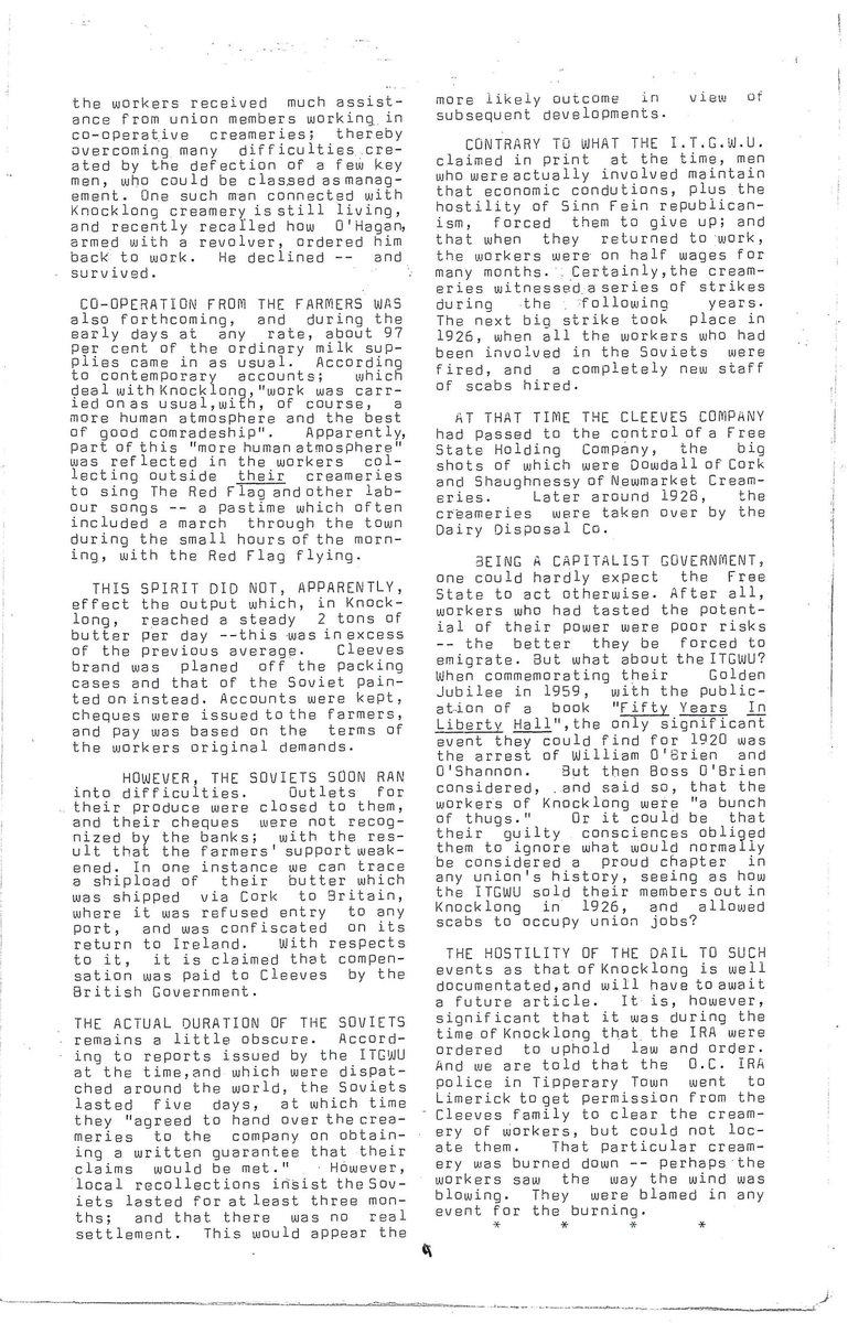 An account of the Knocklong Soviet of 1920, when workers at Cleeves Creamery raised the red flag and a banner reading: “Knocklong Soviet Creamery - We make butter, not profits” From People's Voice, 1968 (magazine of Cork group, Saor Éire) leftarchive.ie/document/305/