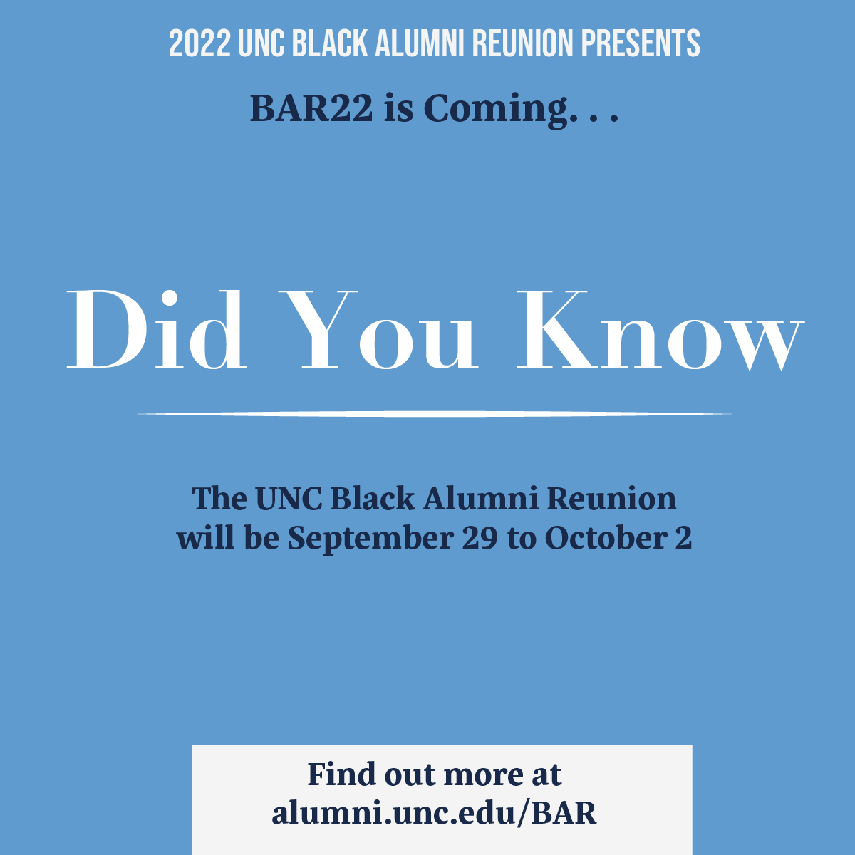 uncblackalumni's tweet photo. Did you know #BAR22 weekend will be different from UNC’s HOCO weekend? Due to the lack of venue space and availability, the BAR Planning Committee elected to have BAR during the UNC vs. VirginiaTech football weekend. Read more from the BAR Chair here (https://t.co/VKRPdJOsKO). https://t.co/x3fVAcQJcy