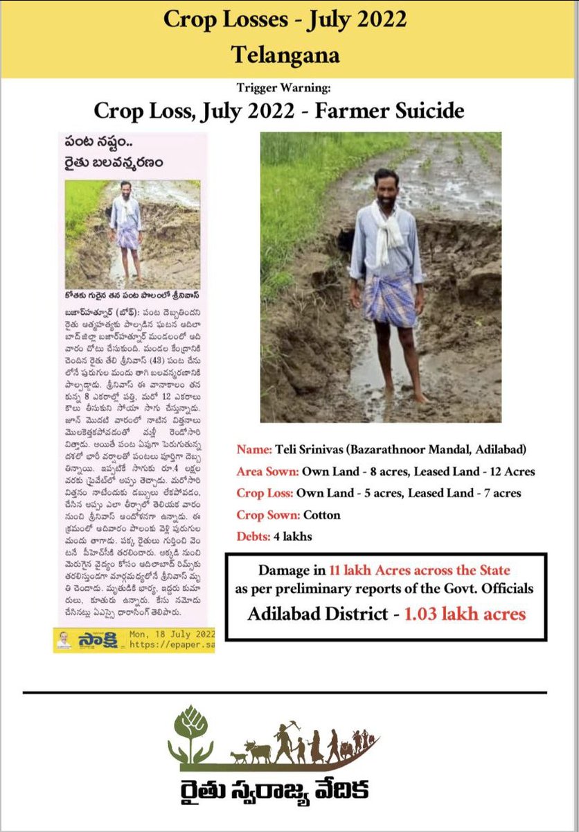 Heavy rains have lead to Farmers mainly Tenant Farmers like Srinivas to die by Suicide.
@KTRTRS
 Can the #Telangana Govt atleast enumerate Crop Loss & provide some respite & hope to farmers grief?
In Adilabad Dist alone there have been 13 #FarmerSuicides in last 2 months.
#AskKTR