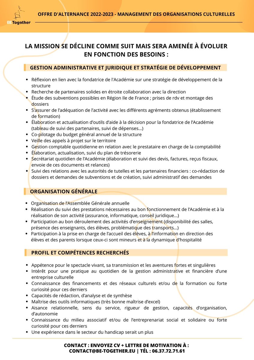ac_betogether's tweet photo. 📣#ANNONCE : #OFFRE D'#ALTERANCE EN #ADMINISTRATION D'UN #ÉTABLISSEMENT D'#ENSEIGNEMENT #ARTISTIQUE

En M2 ou Licence pro gestion administrative et management des organisations culturelles, vous êtes rigoureux, autonome et aimez l'#art #vivant : N'attendez plus, rejoignez-nous ! https://t.co/Nne4VZ9FZY