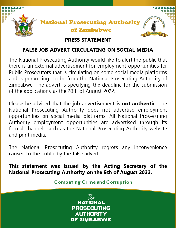 National Prosecuting Authority of Zimbabwe on Twitter "FALSE JOB