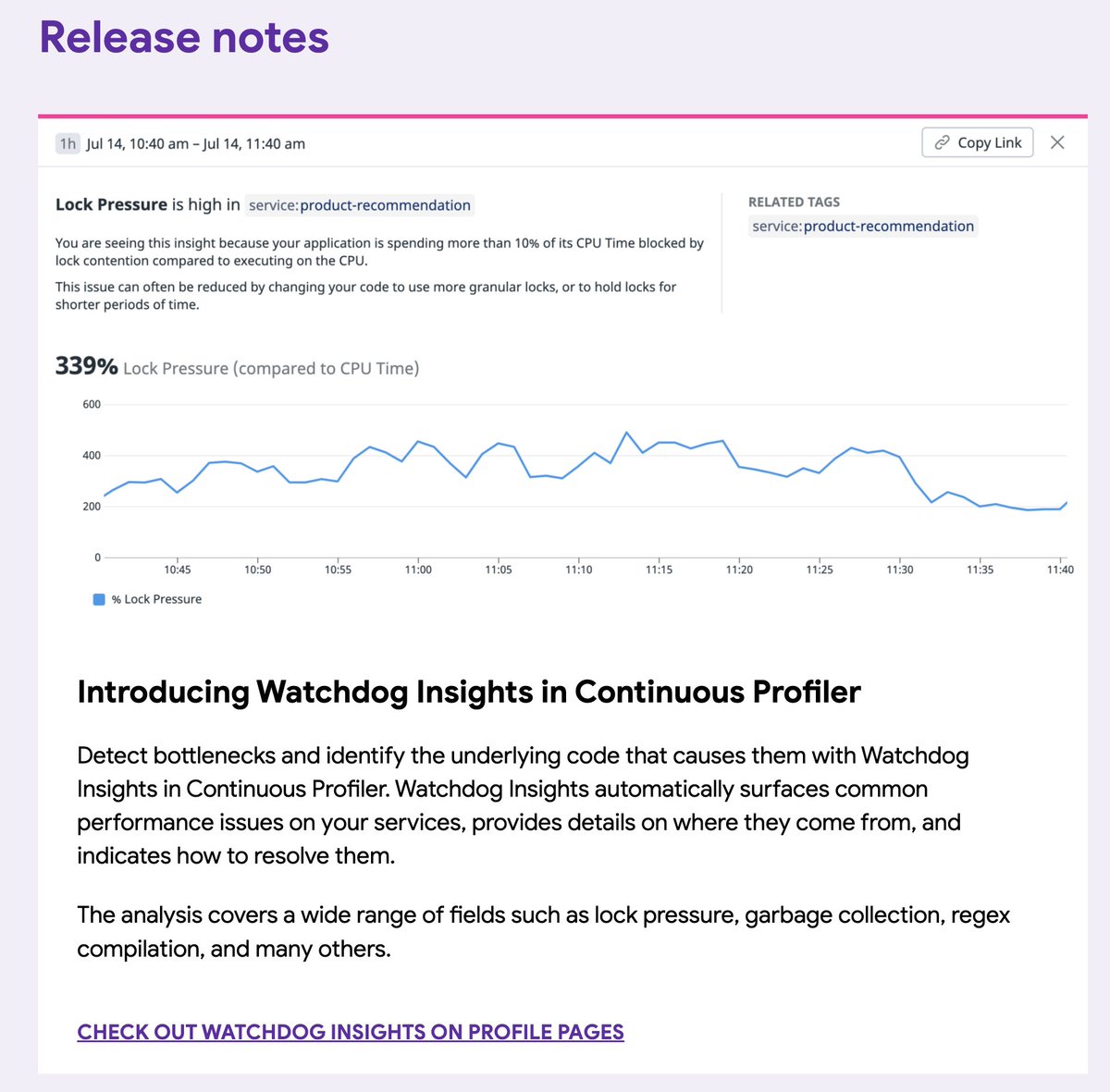 felixge's tweet image. A new @datadoghq feature my team and I have worked on has officially gone live (public beta) now:

Watchdog Insights for Continuous Profiler 🎉

The idea is to automate some of the problem analysis and solution proposal a profiling expert on your team might provide.
