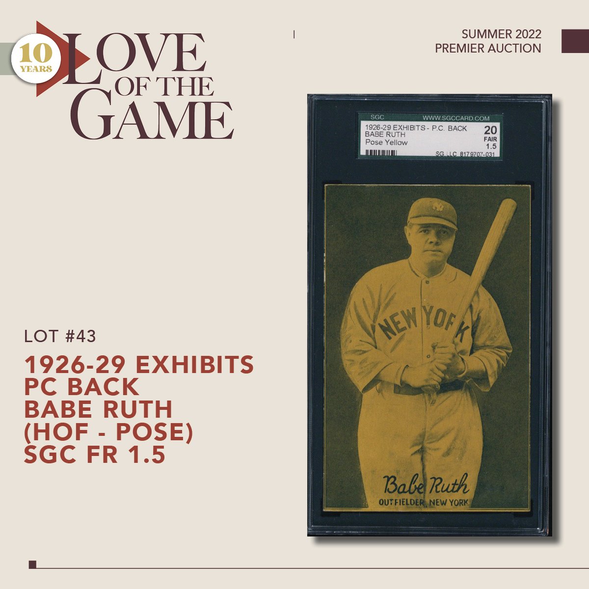 LOTGAuctions's tweet image. 1926-29 Exhibits Yellow-tinted Babe Ruth, currently up for bidding at LOTGAuctions.com.  Auction closes August 20.  #TheHobby #TheBabe #TheGreatBambino #LOTGAuctions