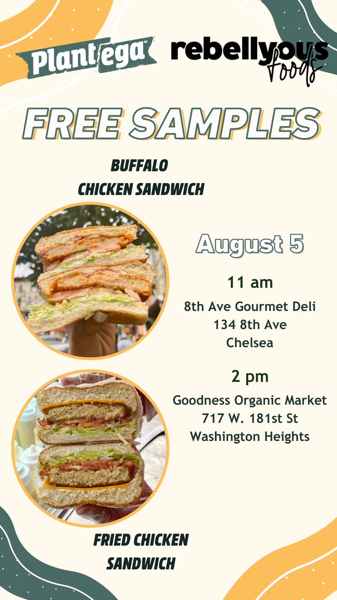 Today is the day to try a sample of our special Grubhub menu item, the Buffalo Chicken Sandwich! We'll be at 8th Ave Gourmet Deli, 134 8th Ave, at 11am & Goodness Organic Market, 717 W, 181st St, at 2pm! #eatplantega #buffalochickensandwich #nyc #veganchicken #plantbased #bodega