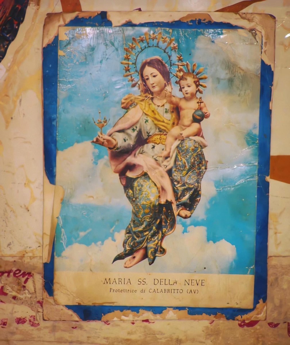 tonyatthetable's tweet photo. Prayer card of Maria Santissima della Neve (Our Lady of the Snows) on the wall inside Centanni's Meat Market in #Peterstown, the old #ItalianEnclave of #ElizabethNJ. She is the #PatronSaint of #Calabritto (Provincia di #Avellino). #FeastDay #ItalianEnclaves #AtTheTableWithTony https://t.co/xwdIworSbB