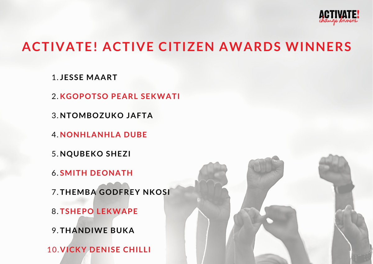 ActivateZA's tweet photo. Announcement: It gives us great pleasure to announce to you after 100s of applications across every corner of the Country, the top 10 winners of the ACTIVATE! Active Citizen Awards.
#activatedecade #activateturns10 https://t.co/llQgXuMMDA