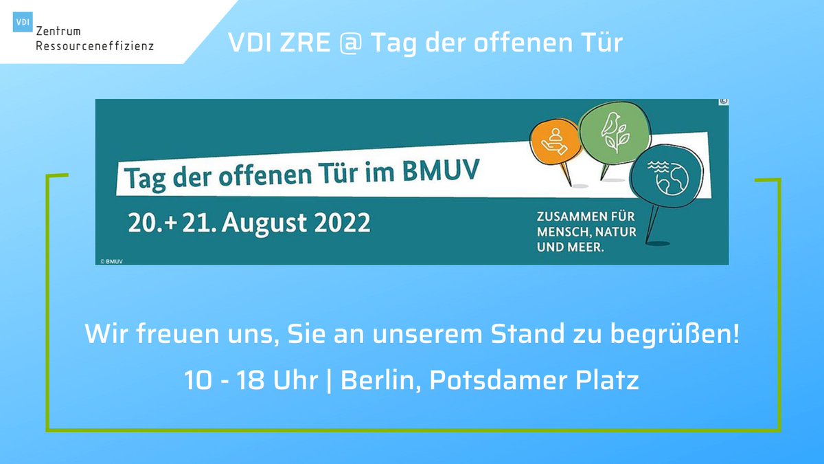 🤝Treffen Sie uns beim Tag der offenen Tür des @BMUV!

🎲Testen Sie Ihr Wissen zu #Nachhaltigkeit &amp; #Ressourceneffizienz in unserem Quiz vor Ort.

Am 20. &amp; 21. August stellen wir das  <a href="/VDI_ZRE/">RessourceDeutschland</a> als ein Kompetenzzentrum des Bundesumweltministeriums vor. 

👉bmuv.de/ministerium/ch…