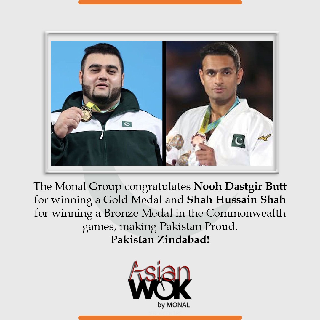AsianWokPK's tweet photo. The Monal Group congratulates Nooh Dastgir Butt for winning a Gold Medal and Shah Hussain Shah for winning a Bronze Medal in the Commonwealth games, making Pakistan proud. Pakistan Zindabad!
#CommonwealthGames22 #Gold #Bronze #NoohDastgirButt #ShahHussainShah #AsianWok #Pakistan https://t.co/prftednOi2