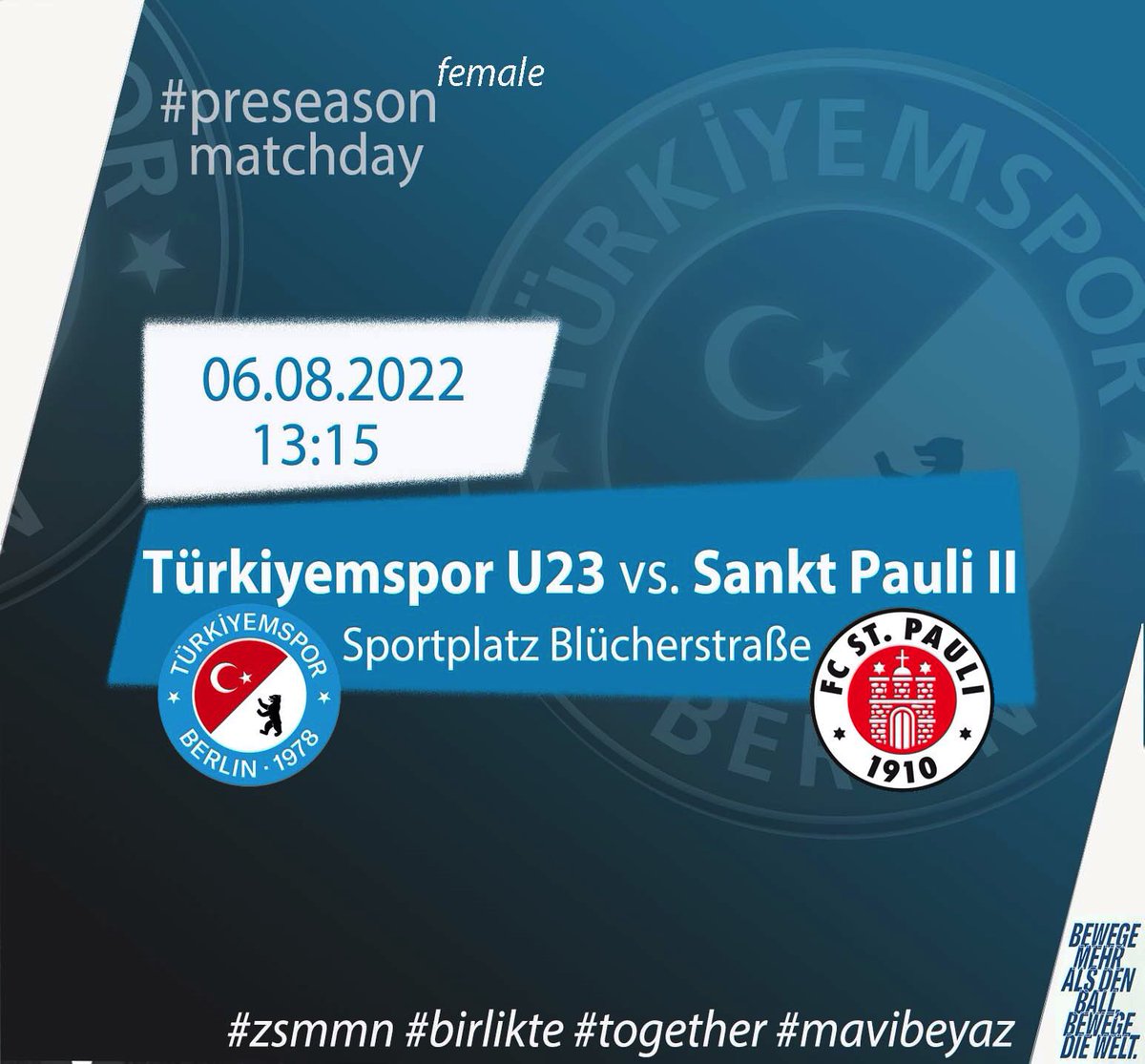 turkiyemspor's tweet photo. St. Pauli in Kreuzberg. Unser #Kiezclub empfängt den #Kiezclub No.1 wenn morgen die #preseason für die U23 female von #Türkiyemspor startet.Anpfiff bei #Türkiyem vs @fcstpauli II um 13:15 am Sportplatz Blücherstraße. https://t.co/YcPCXgXSKX