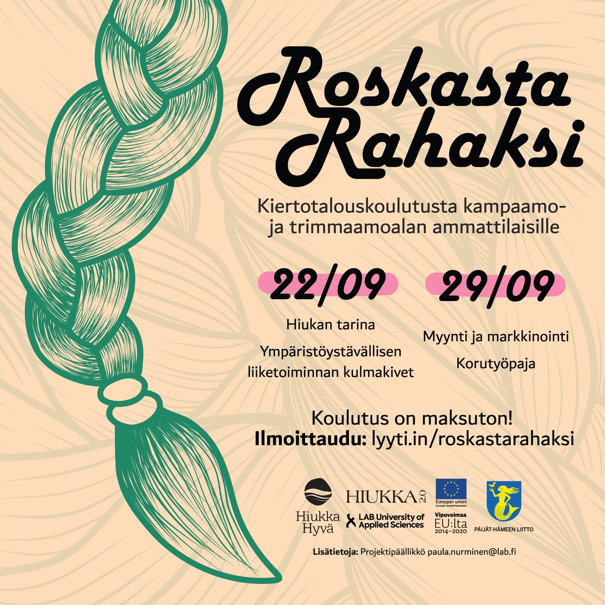 Ilmoittautuminen Roskasta Rahaksi kiertotalouskoulutuspäiville on alkanut! 
Ilmoittaudu mukaan: lyyti.in/roskastarahaksi
#hiukka2 #kiertotalous #hiuskuitu #hiukkahyva