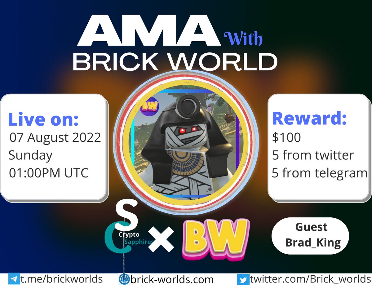SapphiresCrypto's tweet photo. We are pleased to Announce our next Voice  Ama on 07 August  at O1:00PM UTC  with  @Brick_worlds 
🎁 Reward : $100
⛪Venue:https://t.co/HDhJL6E8iC
〽️ Rules: 
1️⃣ Follow

@Sapphirescrypto &amp;  @Brick_worlds

2⃣LR&amp; tag your 3 friends with your BEP20 address 
Comment atleast 4 Qs here https://t.co/Mh7mE1WQRs