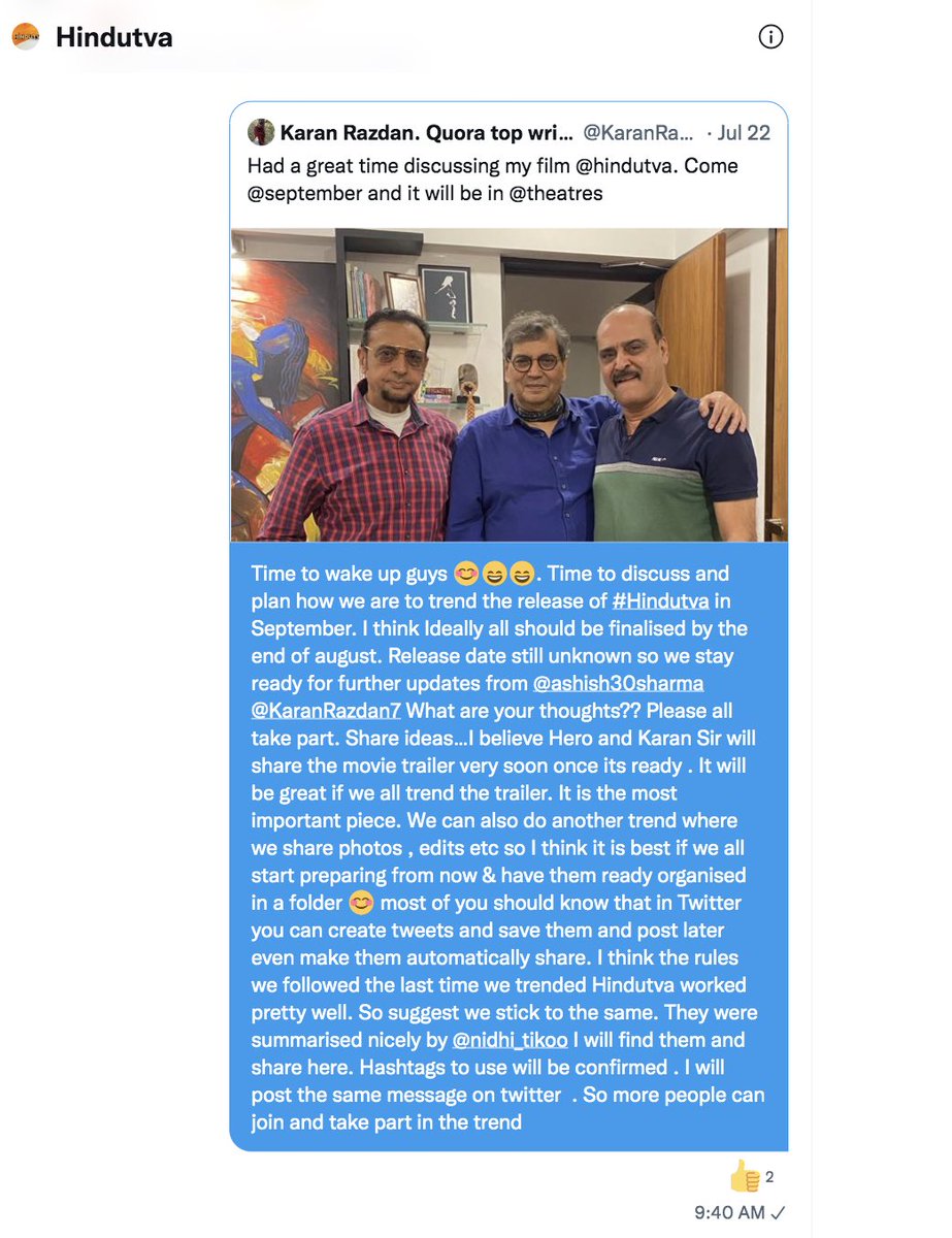 AshishAdmirers's tweet photo. ⚠️TREND ALERT⚠️
Dear Aashieshans It is time to make #AashieshSharrma #InTheatres VIRAL!
As per the latest update from director and producer @KaranRazdan7 the theatrical release of #Hindutva Movie will start from #September2022
They'll be soon announcing the date of release https://t.co/iwtXdoAhmP