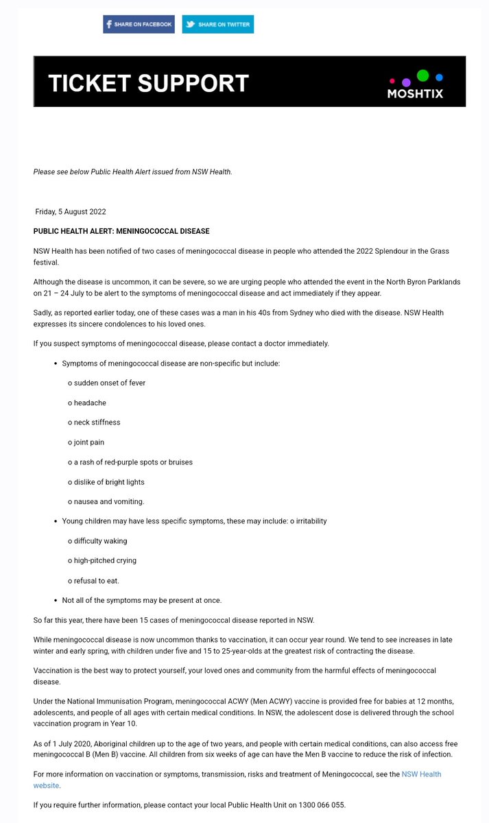 Splendour in the Grass update: two people who attended the flooded festival have contracted meningoccal. One attendee has died. Anyone who attended is being urged to monitor for symptoms