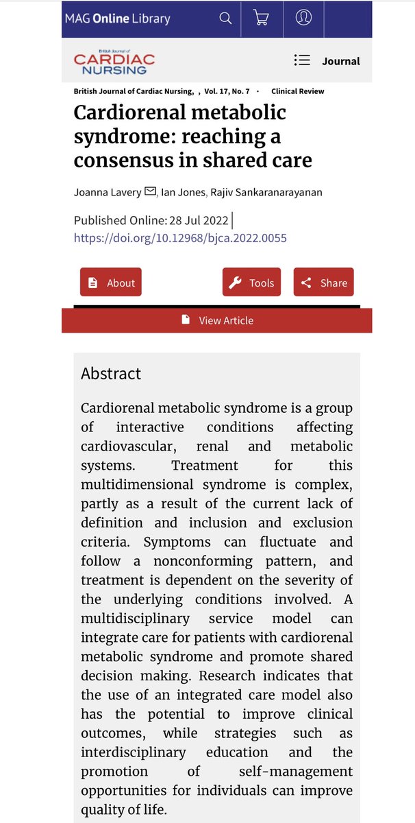 Nice review article in @BJCardNursing on #cardiorenalmetabolic syndrome- reaching a consensus by shared care by @LaveryJoanna Senior Nurse Lecturer @LJMU supervised by @ProfIanJones magonlinelibrary.com/doi/abs/10.129… @BSHNurseForum @BSHeartFailure @hFRenDsUK @CarysBarton @djrcuthbertson