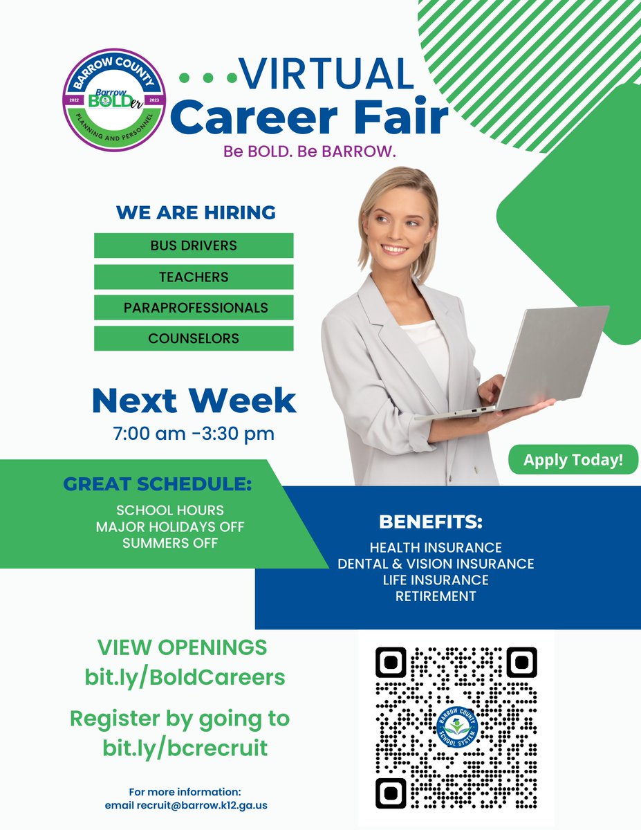 📢Now Hiring: Teachers, Paraprofessionals, Counselors| Join us for a Virtual Hiring Event next week! Register by clicking here: bit.ly/bcrecruit