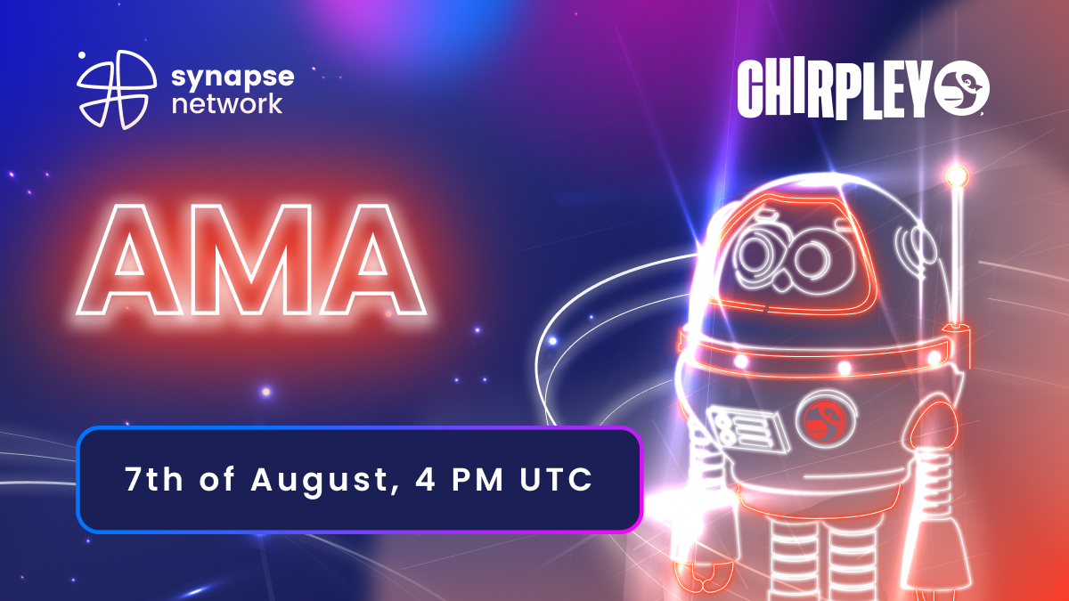 SynapseNetwork_'s tweet photo. Wanna get to know something more about @chirpley? 👀

Join us tomorrow evening during an AMA session and get a chance to:
✅ Meet project representatives
✅ Ask questions
✅ Win some $$$ - 150$ will be distributed for 3 best questions!

📆 7th of August
📌 https://t.co/W5AAwhuqfY https://t.co/8EgWBt8HfR