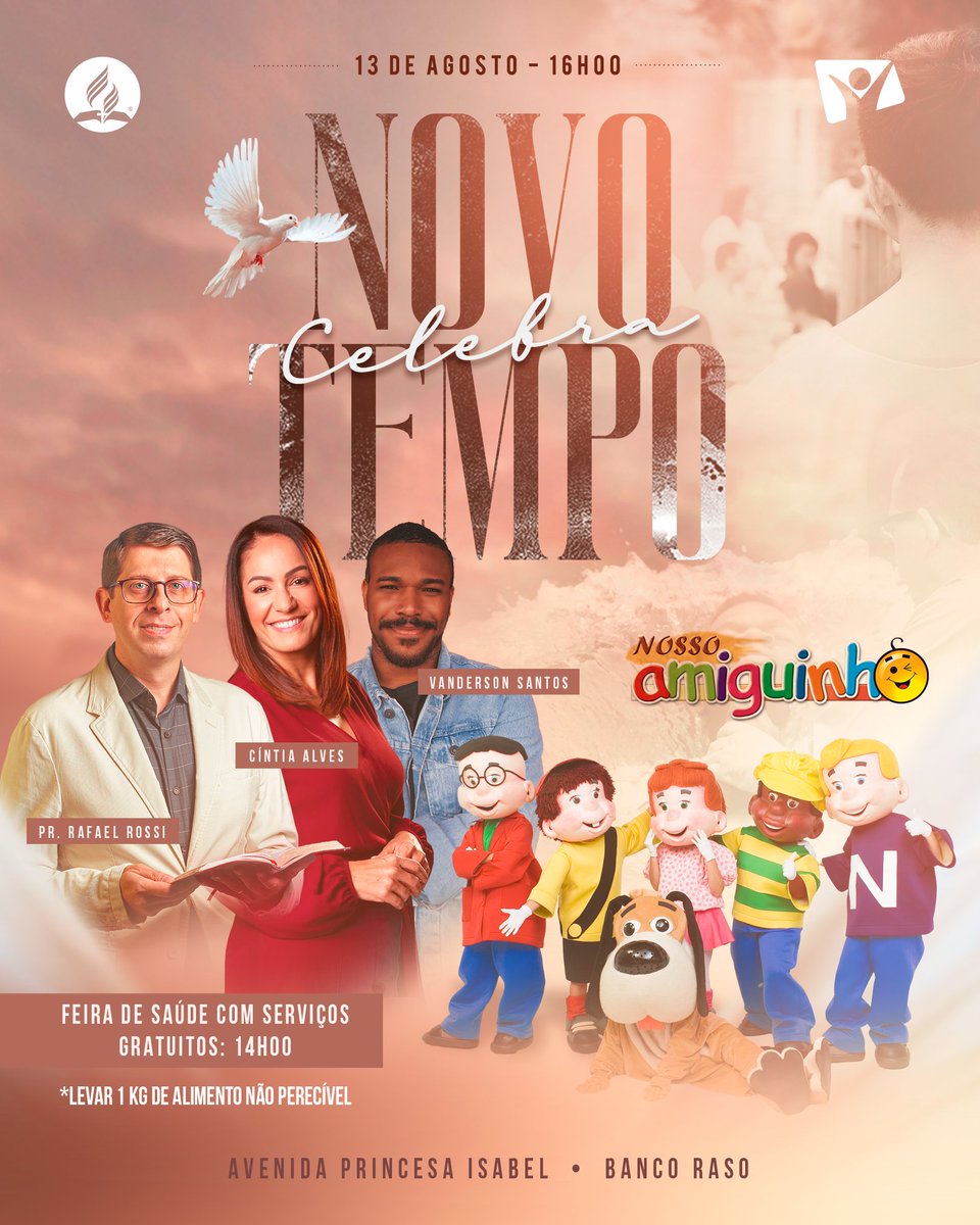 O #CelebraNovoTempo será um grande culto para reunir os adoradores da região! Você é nosso convidado especial. 🤝
Sábado, 13 de agosto.
📦 Levar 1 kg de alimento não perecível.
📍 Avenida Princesa Isabel, Banco Raso - #Itabuna.
#TvNovoTempo #Culto #Serviço #IgrejaAdventista