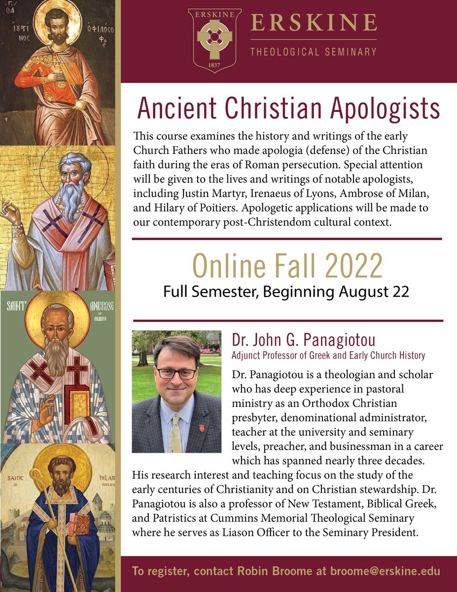 Erskine Seminary (@erskineseminary) on Twitter photo Register Now to learn more about Justin Martyr, Irenaeus of Lyon, Ambrose of Milan and Hilary of Poitiers. If interested in this or any class <a href="/ErskineSeminary/">Erskine Seminary</a>, contact Robin Broome at broome@erskine.edu! #fridaymorning #Christianity <a href="/mamilton/">Michael A Milton, PhD</a> Register Now to learn more about Justin Martyr, Irenaeus of Lyon, Ambrose of Milan and Hilary of Poitiers. If interested in this or any class <a href="/ErskineSeminary/">Erskine Seminary</a>, contact Robin Broome at broome@erskine.edu! #fridaymorning #Christianity <a href="/mamilton/">Michael A Milton, PhD</a>