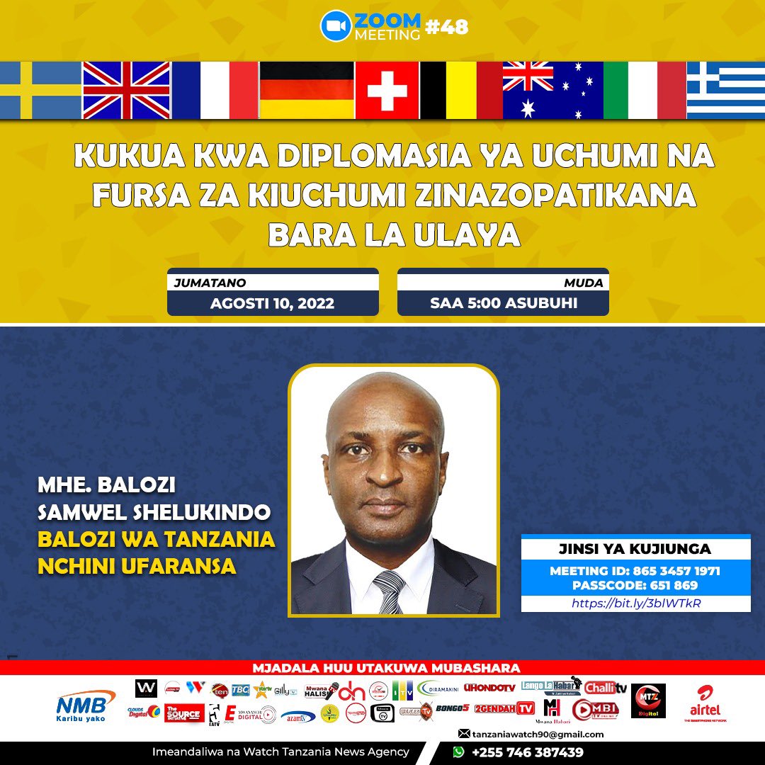 kigogo2014's tweet photo. Watch Tanzania inakualika kushiriki mkutano maalum (kwa Zoom) utakaofanyika Agosti 10, 2022 (Jumatano) kuanzia saa 5:00 asubuhi hadi saa 7:30 mchana

MADA

Kukua kwa diplomasia ya uchumi na fursa za kiuchumi zinazopatikana bara la Ulaya https://t.co/2lur8I1Hbi