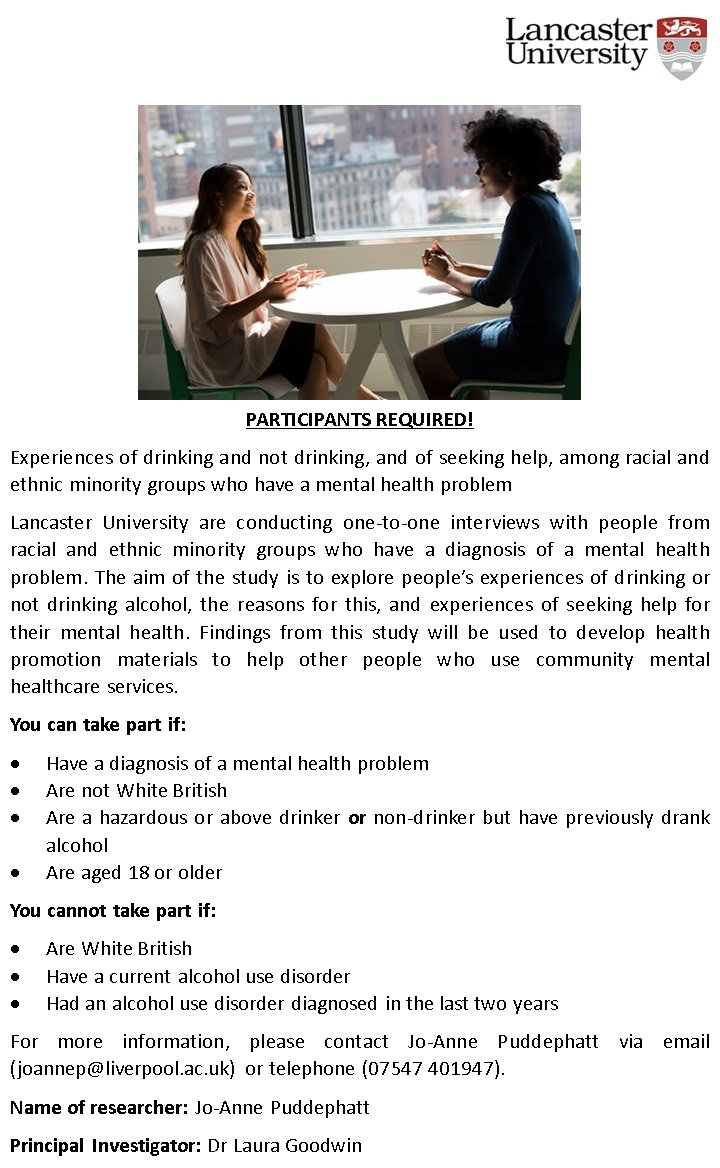 Alcohol Change UK (@alcoholchangeuk) on Twitter photo Researchers <a href="/LancasterUni/">Lancaster University</a> are looking for participants to take part in a study, funded by us, to better understand the link between alcohol and mental health. 1/4 Researchers <a href="/LancasterUni/">Lancaster University</a> are looking for participants to take part in a study, funded by us, to better understand the link between alcohol and mental health. 1/4